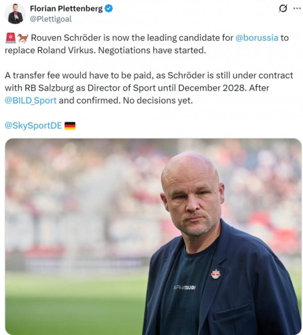 德天空：门兴有意聘请施罗德担任总监，需向萨尔茨堡支付补偿金