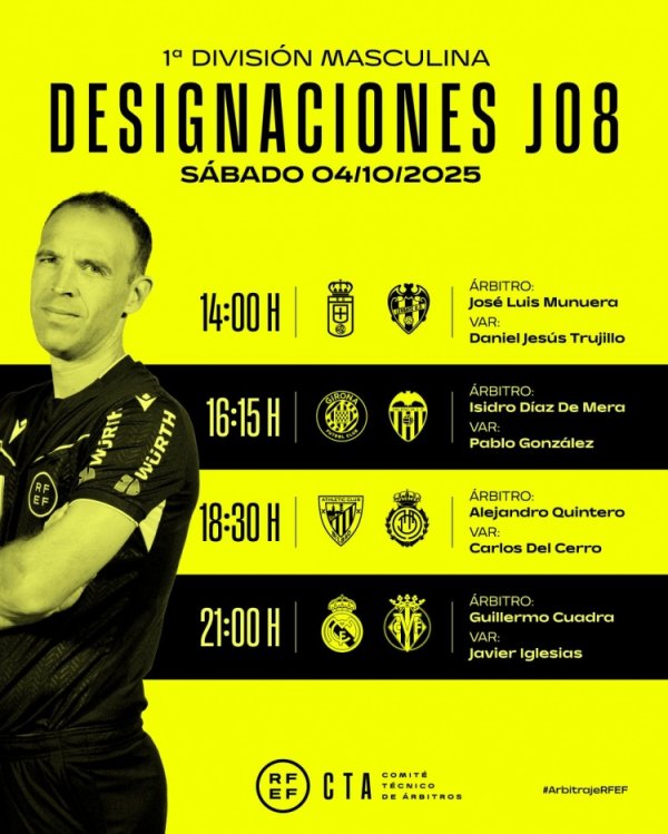 西甲10月4日赛事  裁判    安排：吉列尔莫-夸德拉执法皇马vs黄潜